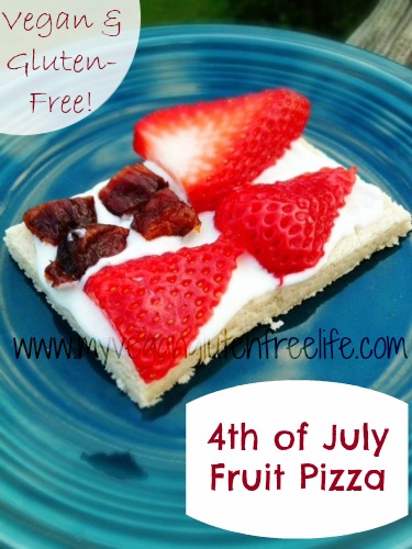 This vegan and gluten free fruit pizza is the perfect dessert for fourth of July, or any other get together! Bright and colourful, it's sure to please the crowd!