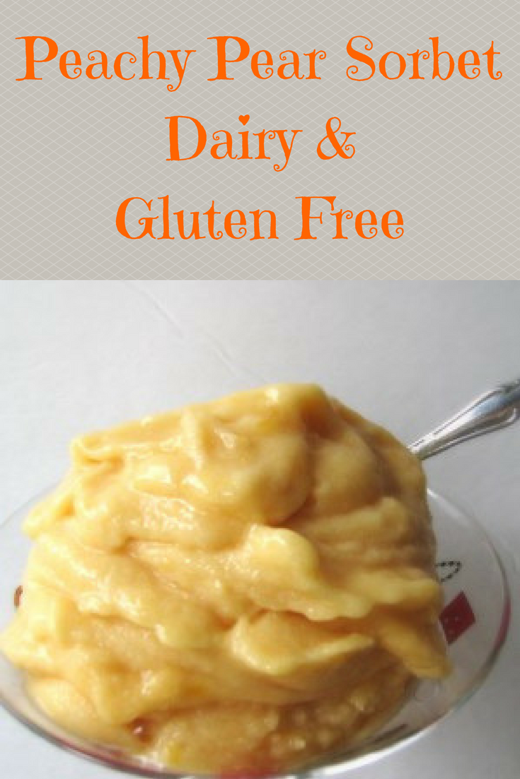 I don't know about you but one thing I really miss about going Dairy Free are frozen desserts such as Ice Cream! Crave no more, here is a Peachy Pear Sorbet which is both dairy and gluten free!  It is very creamy indeed