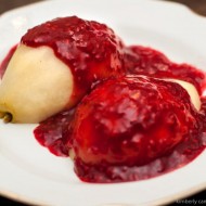 Poached Pears with Raspberry Sauce