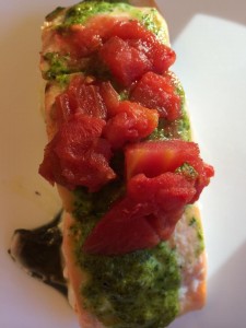 I love pesto sauces with salmon.  Since we eat gluten-free and dairy-free it can be hard to find great a great pesto.  Here my Daughter in law shares her recipe for Roasted Salmon with Cilantro Pesto!  
