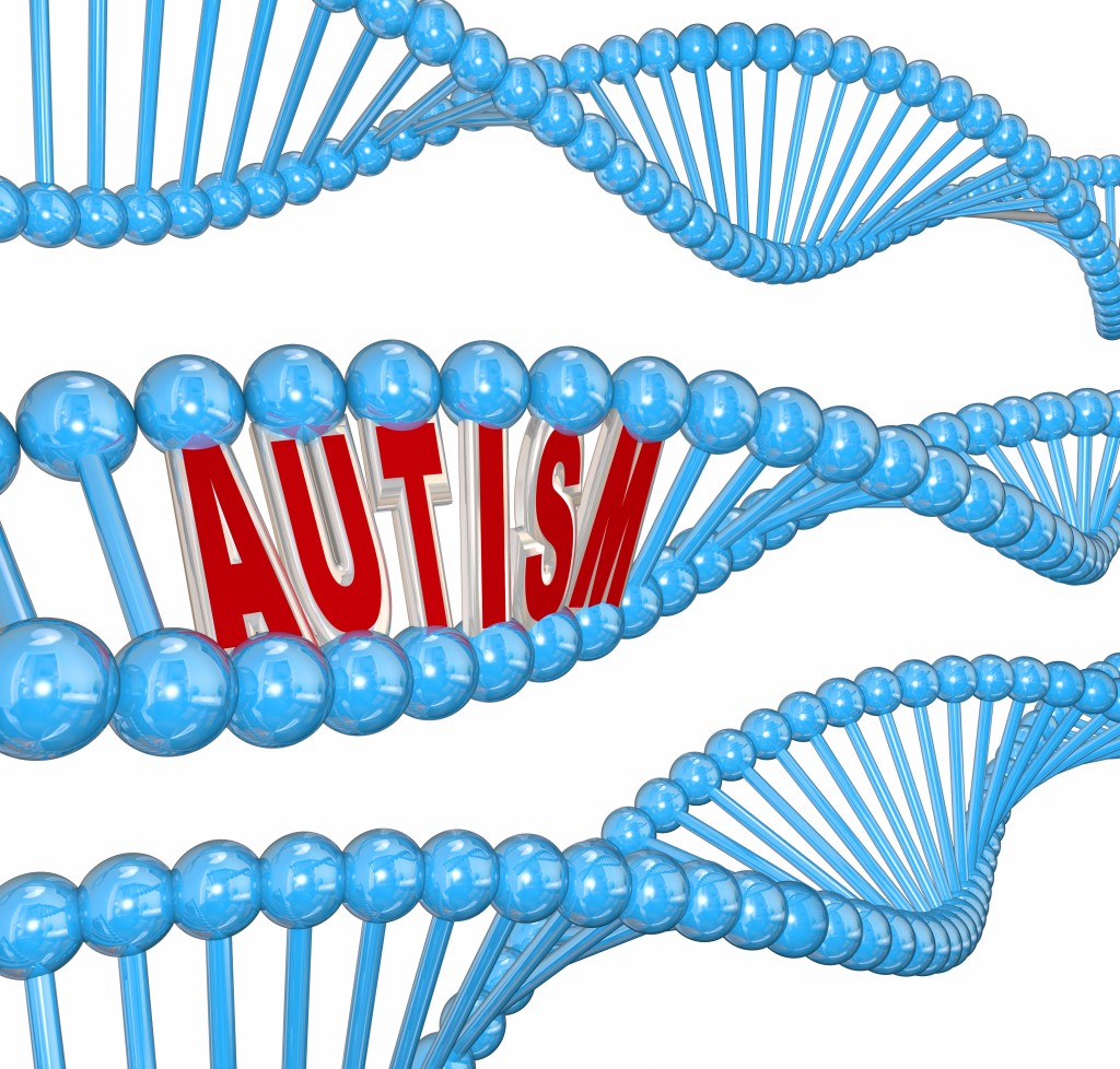 Autism 3d word in dna strand genes for hereditary cause of the learning disorder or brain condition