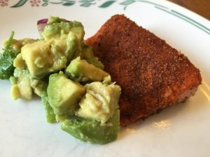 I have a very tasty Grilled Salmon recipe served with Avocado Salsa!  YUM.   If you had to you could fry the salmon but the recipe is for grilling outside.