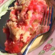 Are you being run over with Rhubarb?  I want to share the best Rhubarb Dump Cake Recipe we have ever had.   It is so good my hubby eats almost 1/2 of it at a sitting.   OH did I mention it is also gluten free and dairy free, but you'd never know it!  And the best part is, you don't have to worry about frosting this cake!