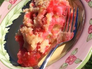 Are you being run over with Rhubarb?  I want to share the best Rhubarb Dump Cake Recipe we have ever had.   It is so good my hubby eats almost 1/2 of it at a sitting.   OH did I mention it is also gluten free and dairy free, but you'd never know it!  And the best part is, you don't have to worry about frosting this cake!