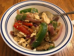 This is an quick and easy, chicken stirfry!   We use Thai Basil for it.  I always thought that Basil was Basil...but it is not!  Sweet Basil used in Italian cooking has a very different flavor.
